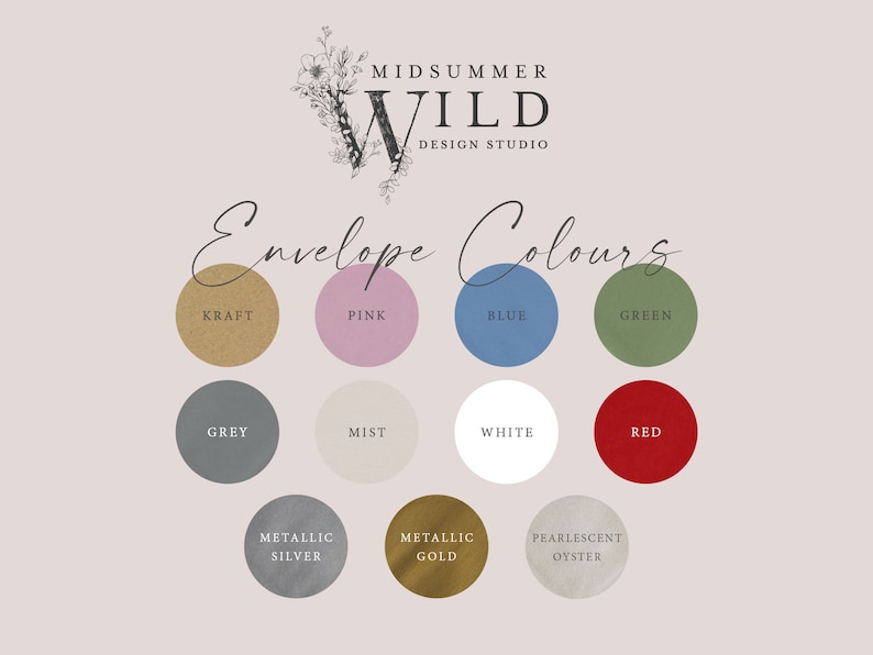 May include: A chart showing envelope color options for invitations. The colors include Kraft, Pink, Blue, Green, Grey, Mist, White, Red, Metallic Silver, Metallic Gold, and Pearlescent Oyster.
