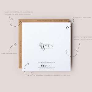 May include: A white card with a floral design and the text "Midsummer Wild Design Studio" printed on it. The card measures 14.8 cm by 14.8 cm and is printed on 300 gsm Italian cardstock. The card is blank inside and comes with a kraft brown envelope.