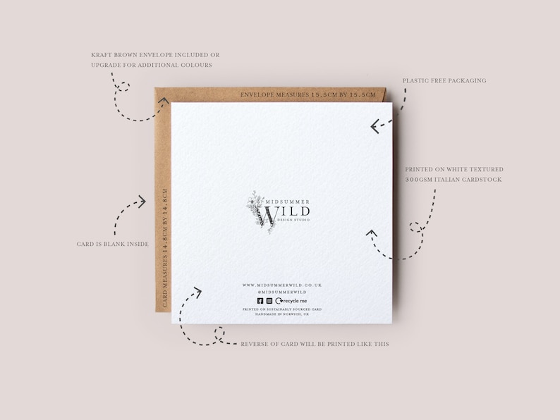 May include: A white card with a floral design and the text "Midsummer Wild Design Studio" printed on it. The card measures 14.8 cm by 14.8 cm and is printed on 300 gsm Italian cardstock. The card is blank inside and comes with a kraft brown envelope.