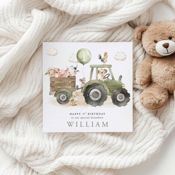 Tractor Birthday Card - First Birthday Card For Grandson - Son - Nephew - Farm Animals Card - 1st Birthday - 2nd Birthday - 3rd Birthday