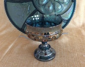 Vintage Indiana glass King Crown Thumbprint iridescent pedestal compote dish Bicentennial Colonial blue