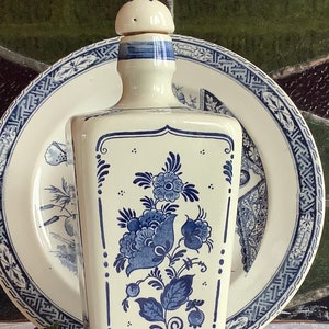 1987 Delft blue ceramic bottle decanter Dutch windmill and floral scene