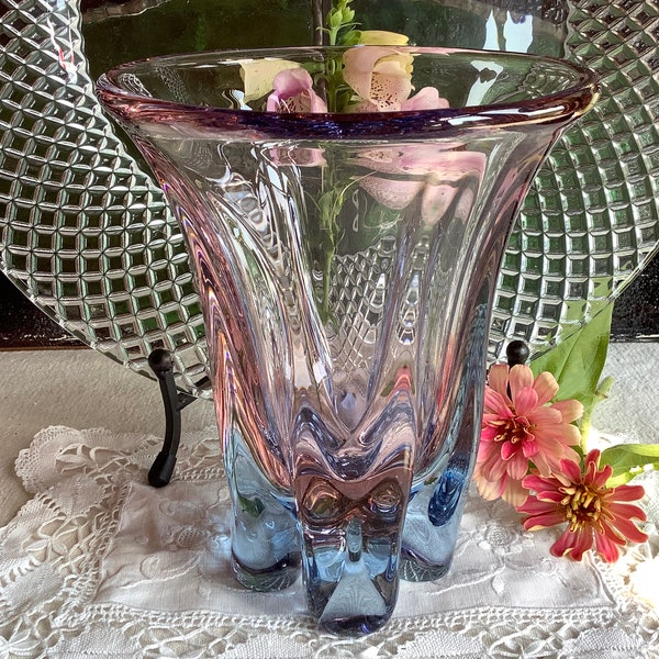 Czech Skrdlovice blue and pink Art glass vase mid century bohemian gift for her