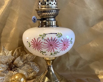 Antique mantle lamp Kerosene oil lamp metal base floral design rustic decor