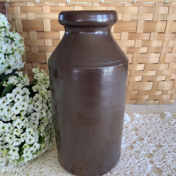 Antique primitive jar salt glaze bottle pottery dark brown stoneware crock rustic kitchen decor storage