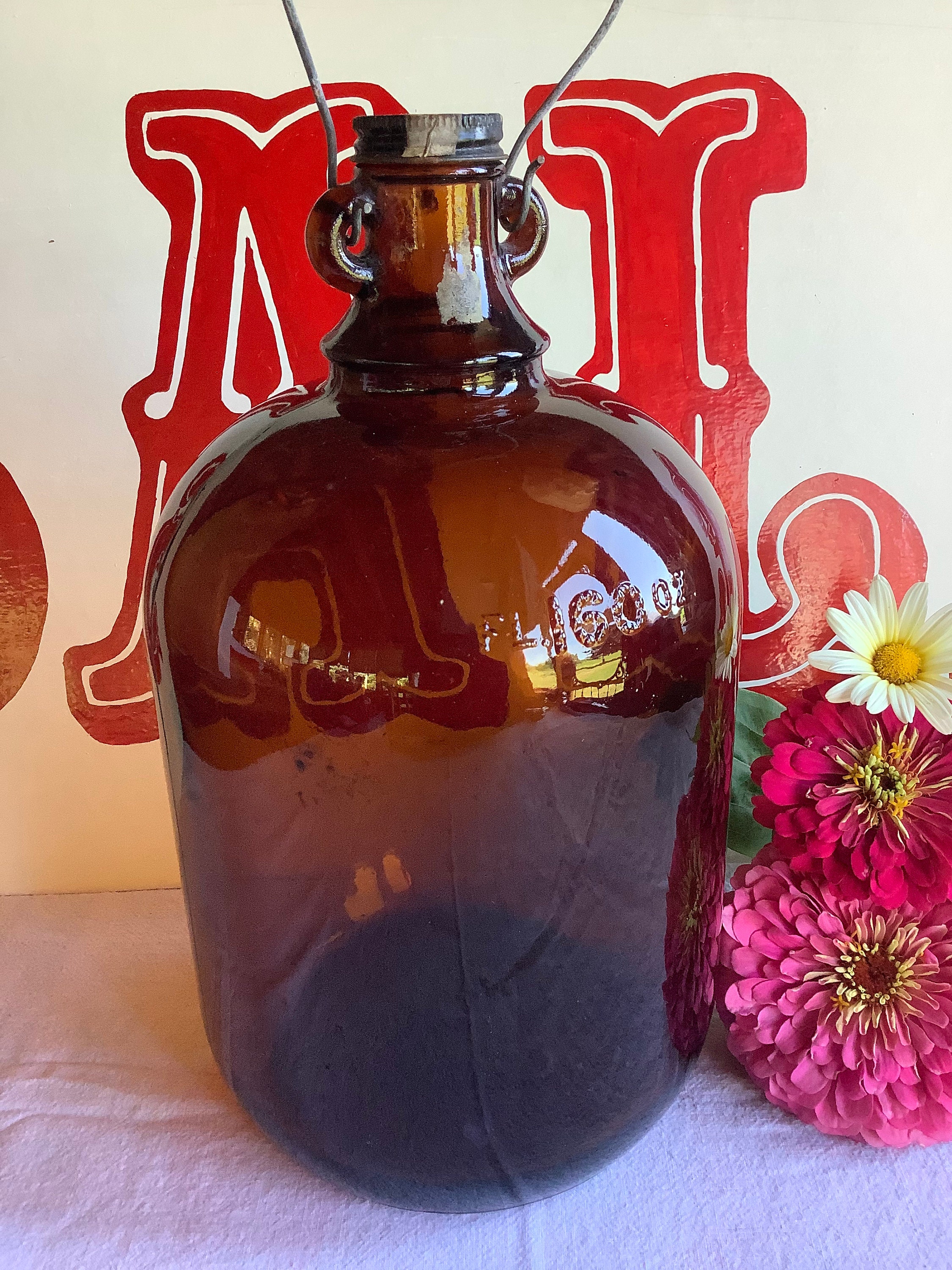 1960 1 Gallon Brown Glass Jug Bottle Wire Handle Metal Lid Etsy