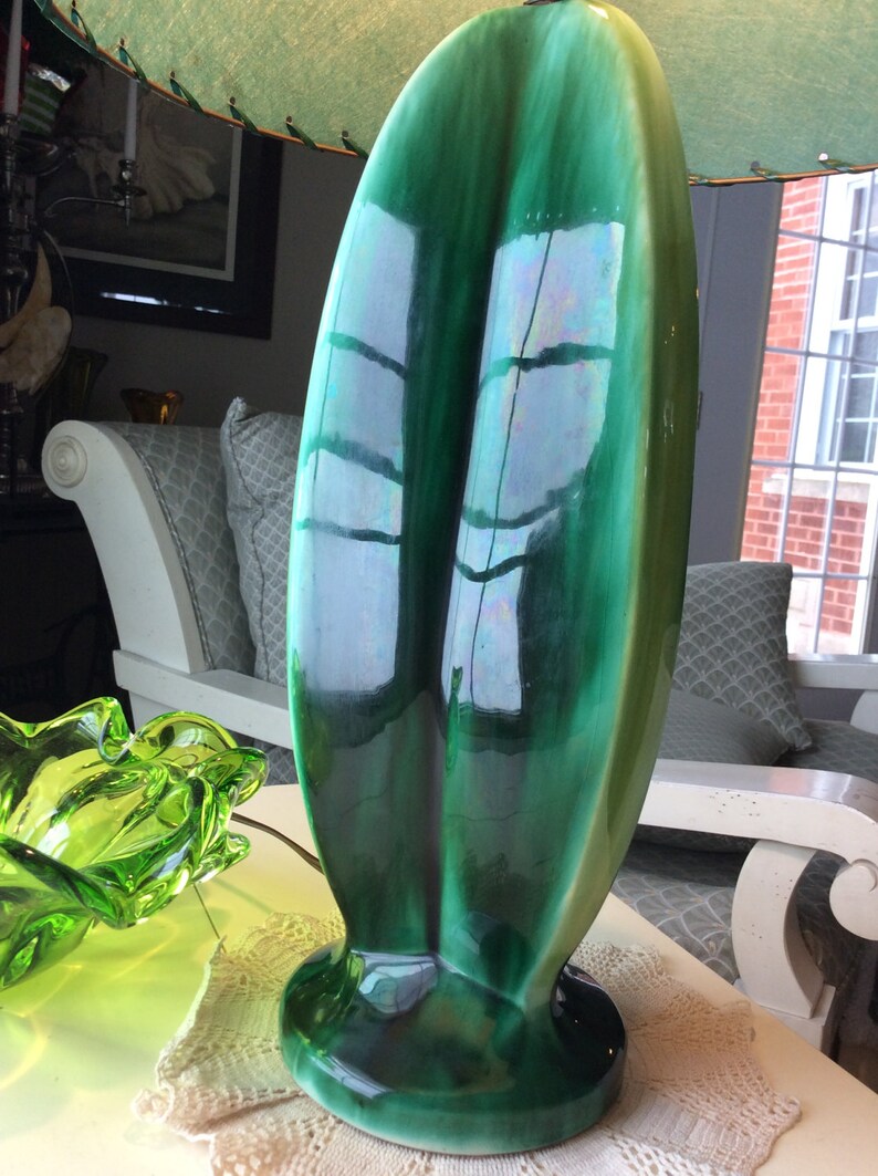 Vintage modern drip glaze table lamp mid century ceramic green glaze fiberglass shade