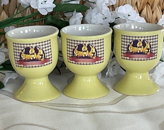 3 egg cups Laura Secord uellow ceramic eggcups bunny design