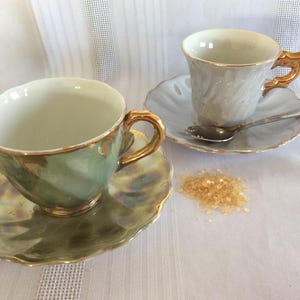 Vintage pair demi tasse cup saucer lustre ware toy size image 1