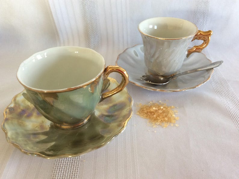 Vintage pair demi tasse cup saucer lustre ware toy size image 1