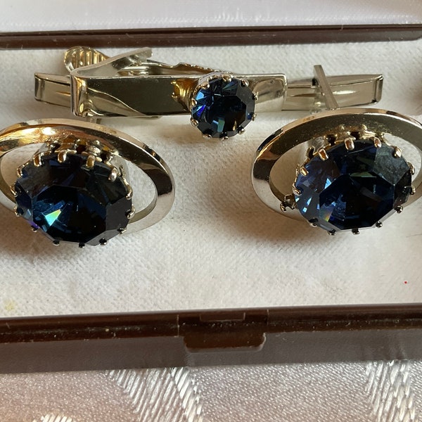 Blaue Kristall Manschettenknöpfe Krawattenklammer Retro sechziger siebziger Jahre Herrenmode Hochzeit Zeremonie Accessoire