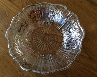 Plate Vintage Monogramed Overlay Silver Clear Glass Dish Shallow Bowl 8.5 Silver Overlay Rim Could Be A M Or A W