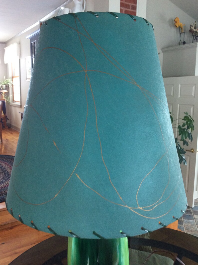 Vintage modern drip glaze table lamp mid century ceramic green glaze fiberglass shade