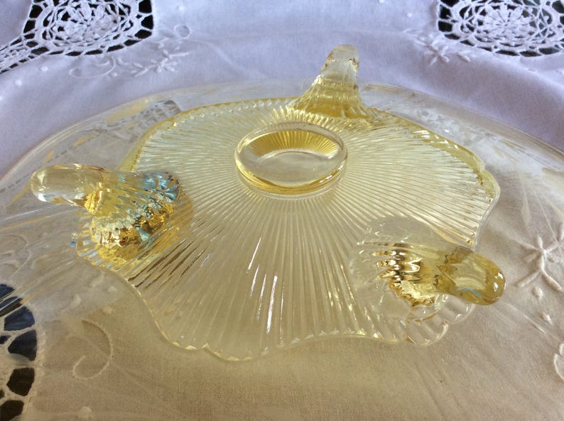 Antique yellow Elegant glass Depression era footed Lancaster cake plate or stand scalloped edge