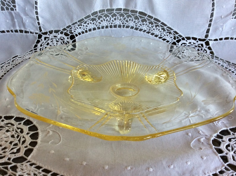 Antique yellow Elegant glass Depression era footed Lancaster cake plate or stand scalloped edge