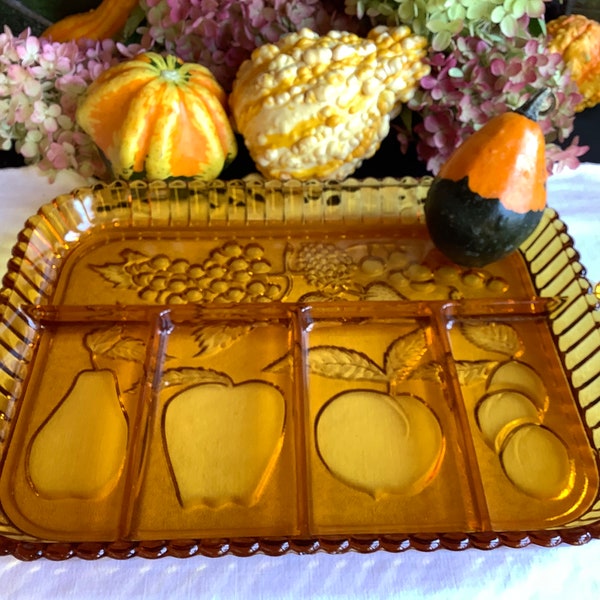 Vintage Indiana glass divided serving platter plate condiment tray dish amber
