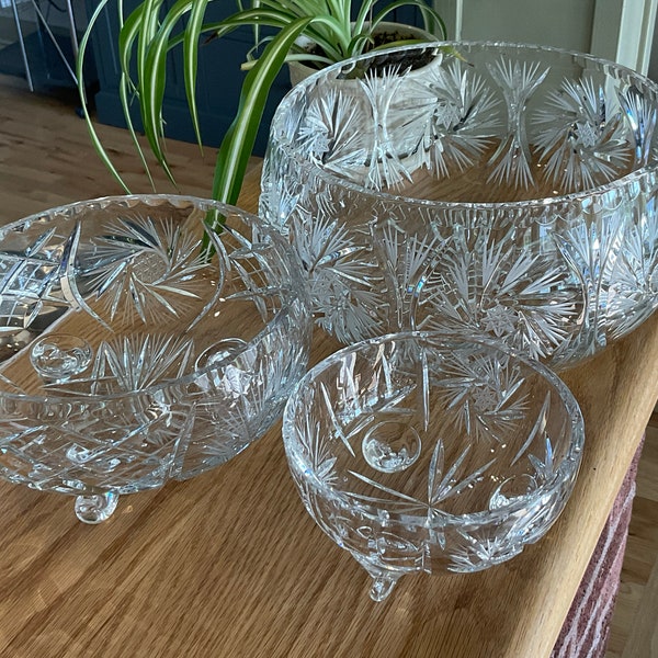 3 sizes Bohemian Pinwheel crystal bowls mid century cut crystal sold separately