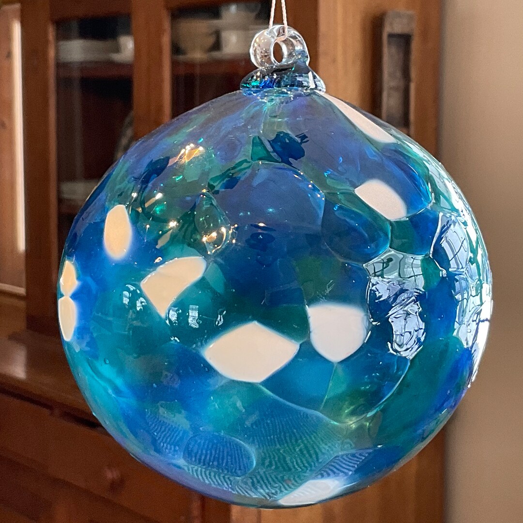 Blown Glass Suncatcher Ball Blue Turquoise White Bauble Gift Etsy