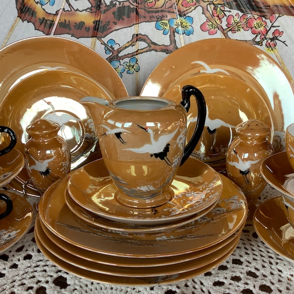 Vintage Japan tea set peach lustre egret hand painted Japan bone china cup saucer plate