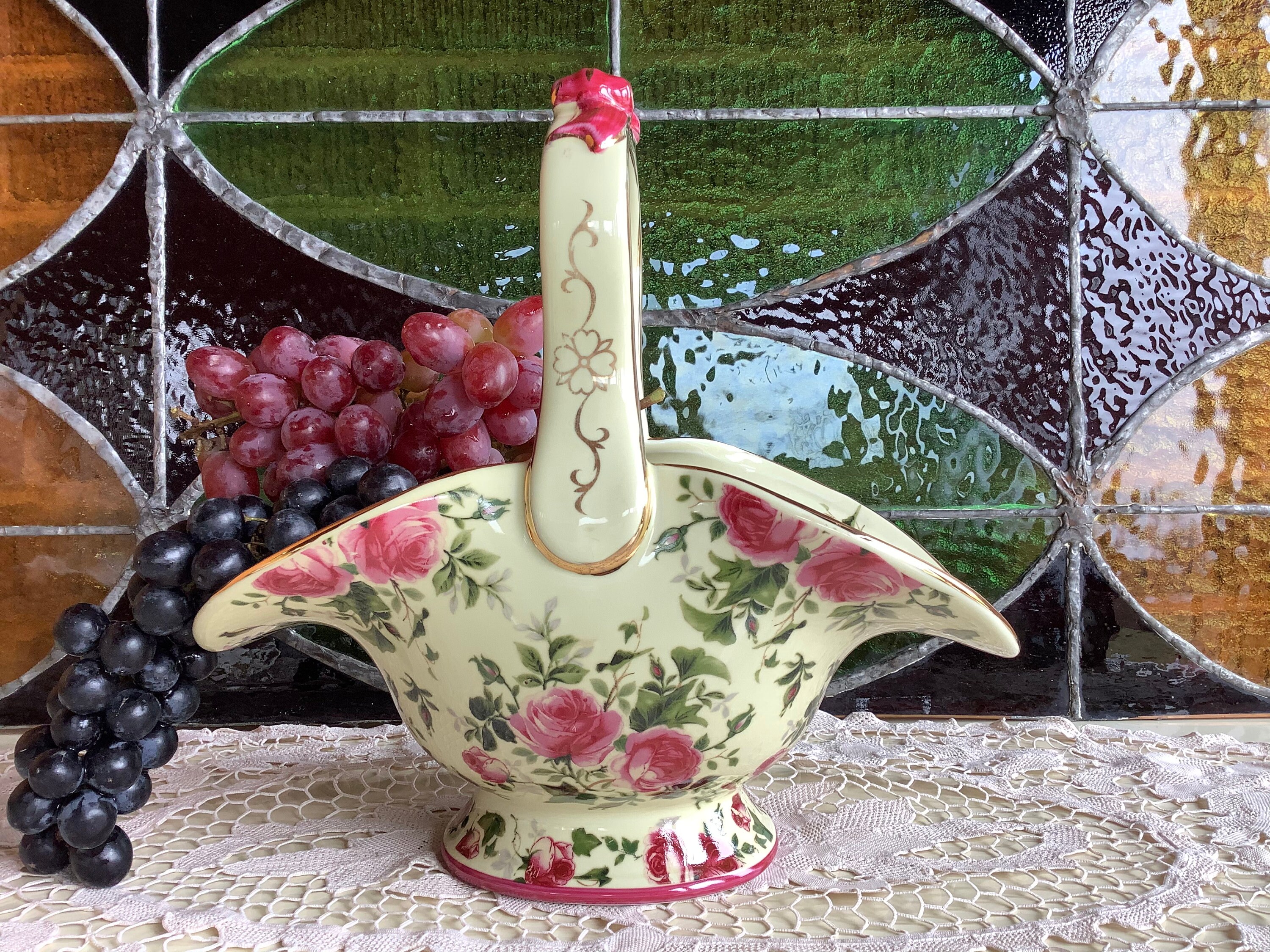 Vintage Ceramic Flower Basket Rose Flowers Design Nice Mothers Etsy