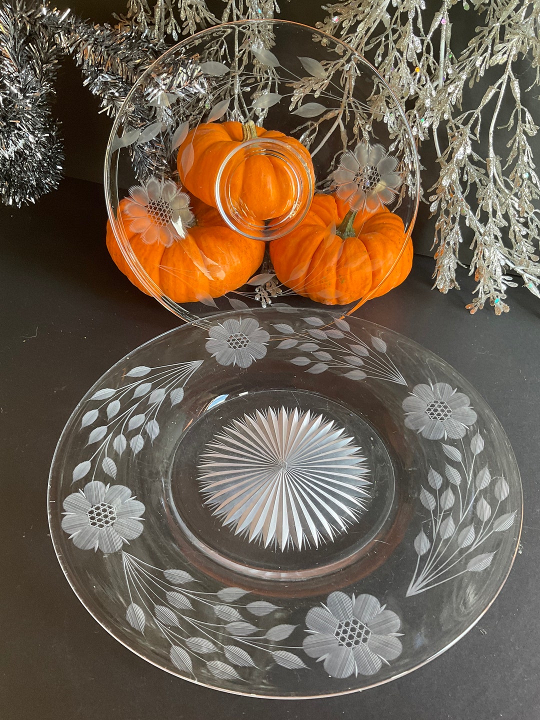 Depression Glass Dessert Plates Hughes Cornflower Etching Etsy