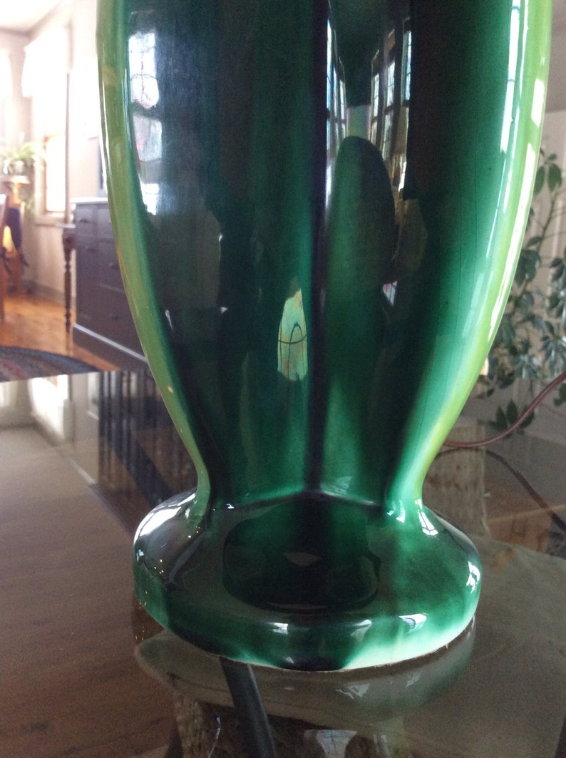 Vintage modern drip glaze table lamp mid century ceramic green glaze fiberglass shade