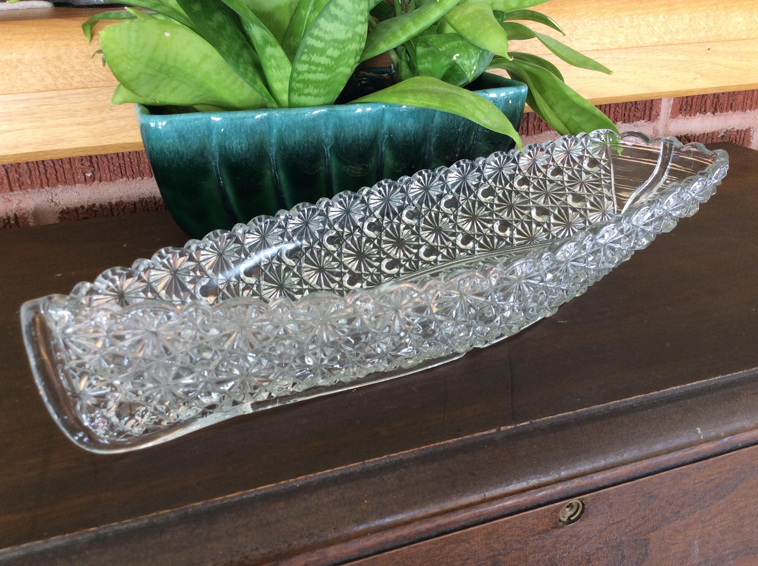 EAPG Yellow Vaseline Glass Diamond Point 10 12 Plate by Bryce Bros.