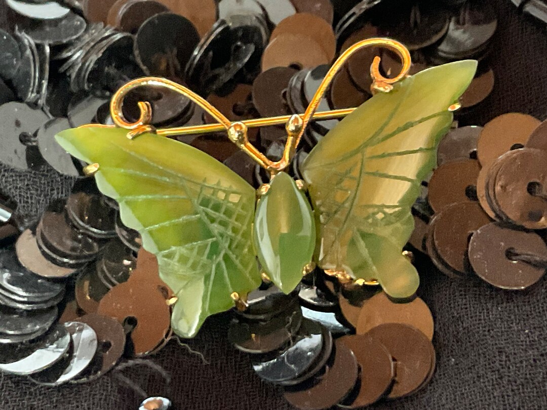 Vintage Green Jade Butterfly Brooch Fashion Pin March Birth Etsy
