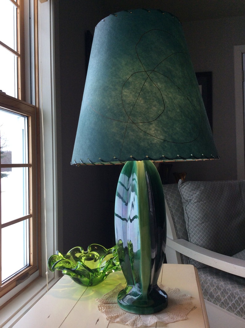 Vintage modern drip glaze table lamp mid century ceramic green glaze fiberglass shade