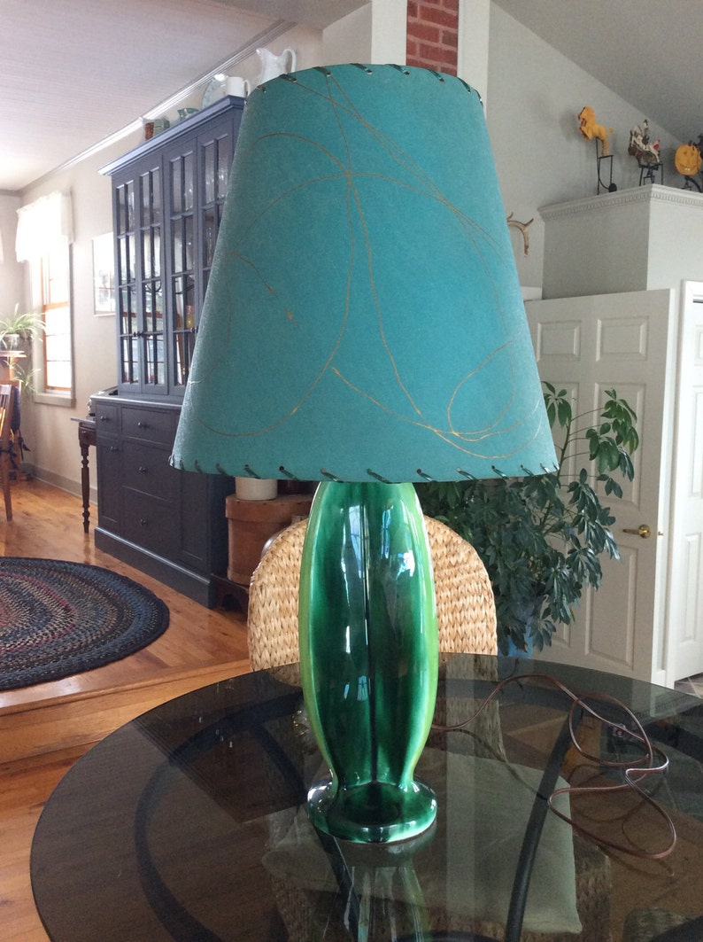 Vintage modern drip glaze table lamp mid century ceramic green glaze fiberglass shade