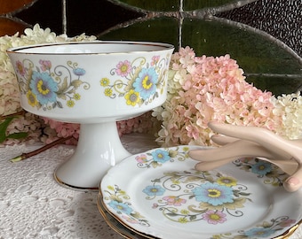 Vintage ceramic pedestal fruit bowl or compote dish plus 2 dessert plates