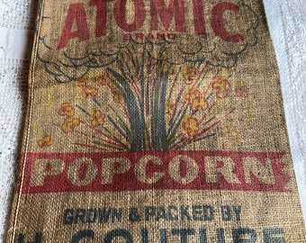 Rare Atomic brand burlap sack jute pop corn bag 50 lbs