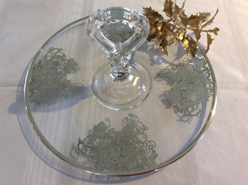 Elegant 1940 silver overlay tea time sandwich cake tidbits or fruit handle plate platter image 1