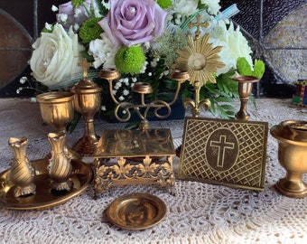 French miniature altar ceremonial mass brass objects mini religious church object chalice bible stand
