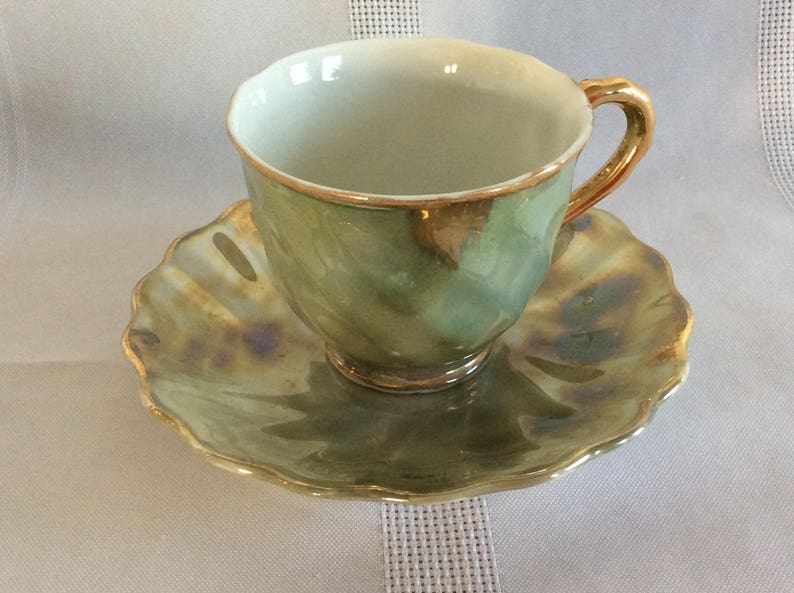 Vintage pair demi tasse cup saucer lustre ware toy size image 2