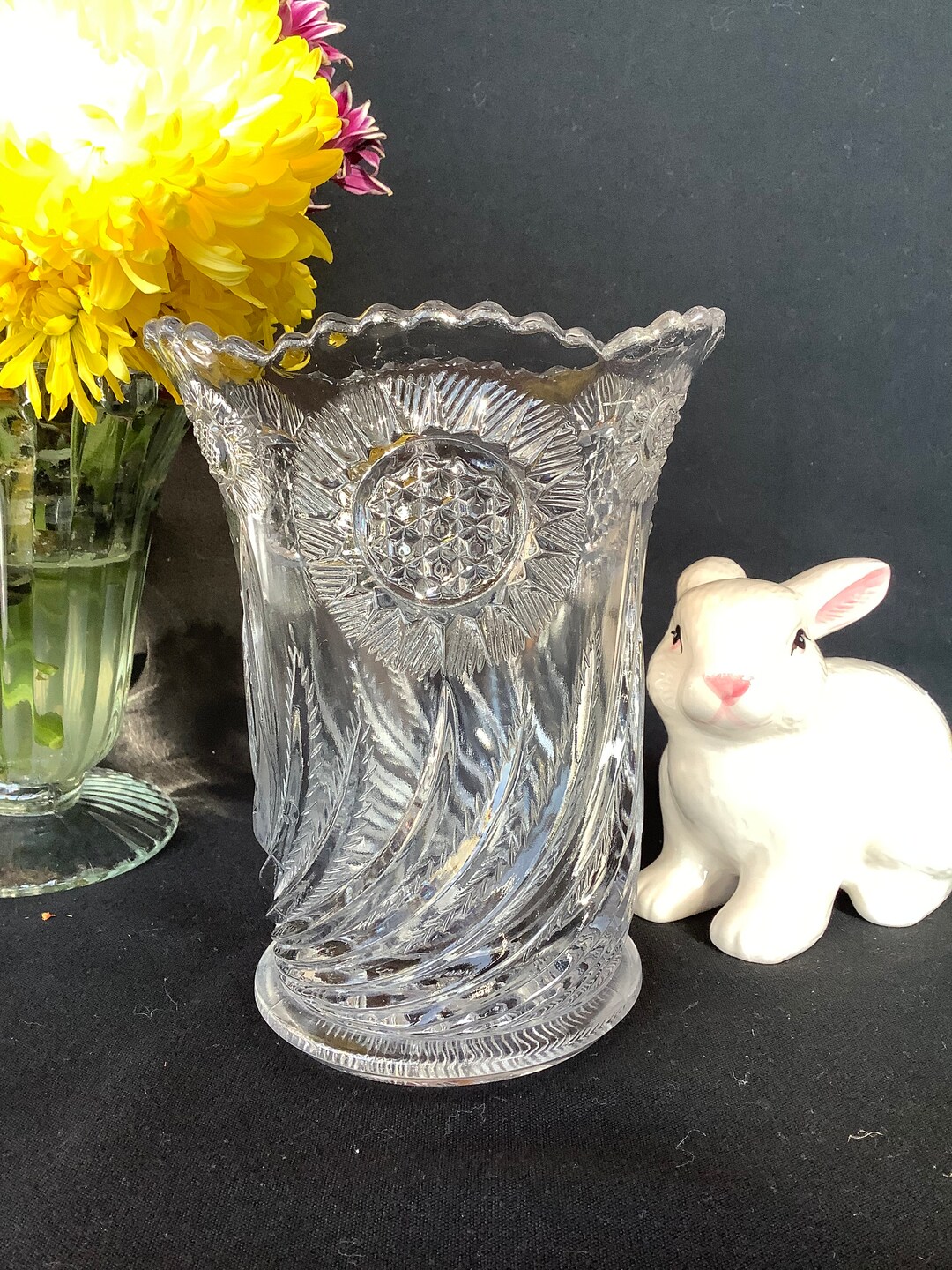 Antique Pressed Glass Vase Celery Dish Spooner Sunflower Etsy