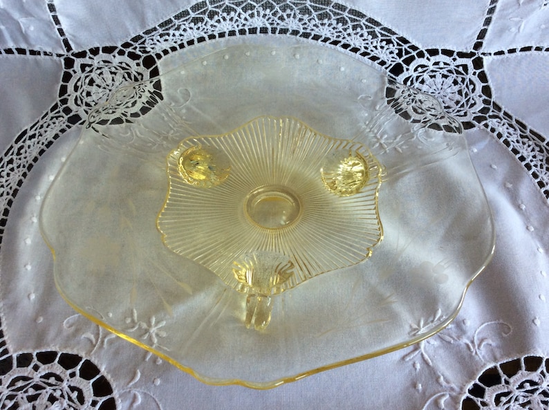 Antique yellow Elegant glass Depression era footed Lancaster cake plate or stand scalloped edge