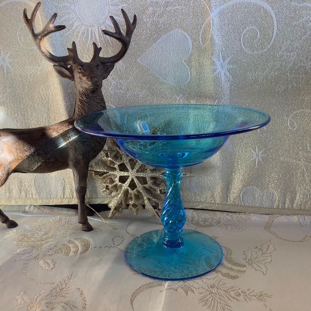 Blue Pedestal Candy Dish Compote Bowl Twisted Stem Etsy
