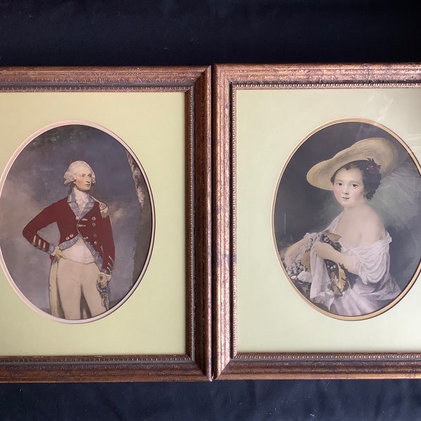 Nice pair framed prints young lady military gentleman British redcoat uniform Nice size