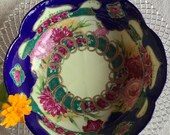 Antique Royal Nippon cobalt blue floral decorative bowl rose bouquet Moriage Gold gilt Kutani mark