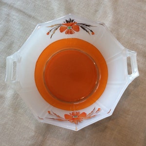 Art Deco Indiana glass handle serving bowl octogonal dish inverted orange paint poppy flowers pattern