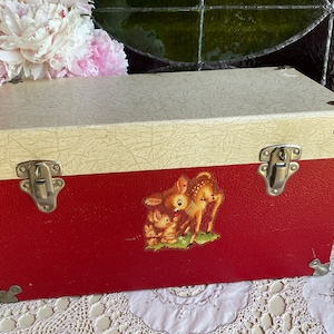 Vintage toy storage box Doll Disney litho red white wooden case