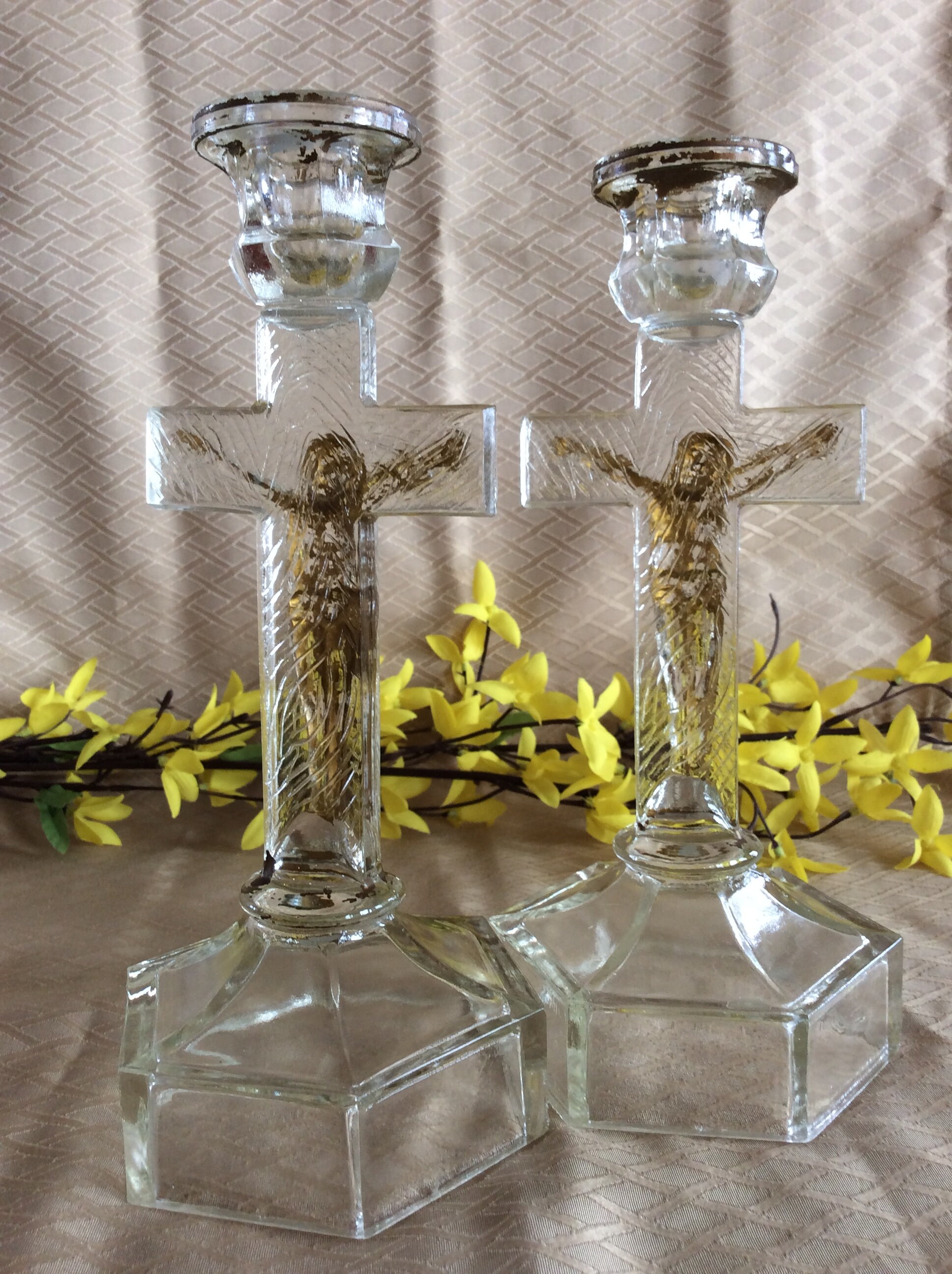Antique Glass Crucifix Candle Holder Jesus Christ on the Cross Etsy