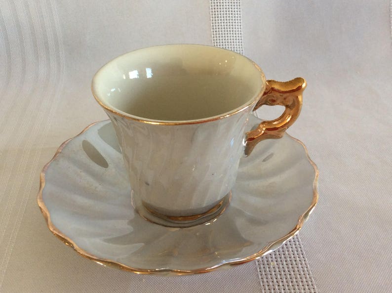 Vintage pair demi tasse cup saucer lustre ware toy size image 6