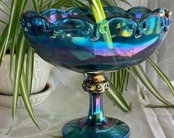 Indiana glass blue iridescent bowl Harvest pattern pedestal compote dish Colonial blue collectible