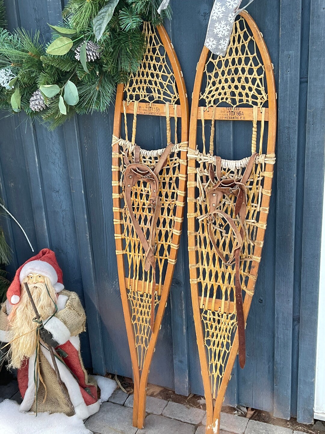 Torpedo Alaskan Snowshoes Wooden Frame Rawhide and Leather Binding Lac
