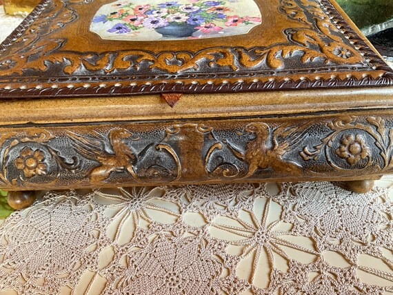Antique leather repousse box sewing box Jewelry s… - image 2