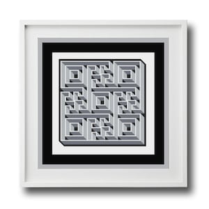 May include: A framed geometric art print featuring a repeating pattern of gray and white three-dimensional shapes. The artwork is set against a black border within a white frame, creating a modern aesthetic.
