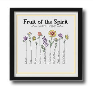 Pode incluir: Uma obra de arte em ponto cruz emoldurada com o texto "Fruto do Espírito" e "Gálatas 5:22-23". O design inclui flores coloridas e palavras como "Amor", "Alegria" e "Paz". A moldura é preta.