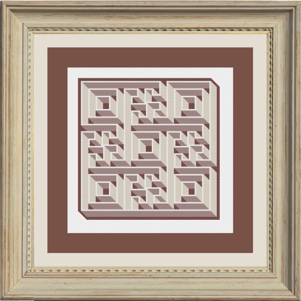 labyrinth cross stitch pattern pdf, cross stitch maze, 3D illusion cross stitch pattern, labyrinth walk pattern, mc escher